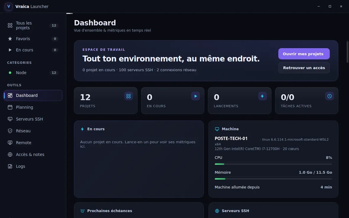 Tableau de bord de Launcher