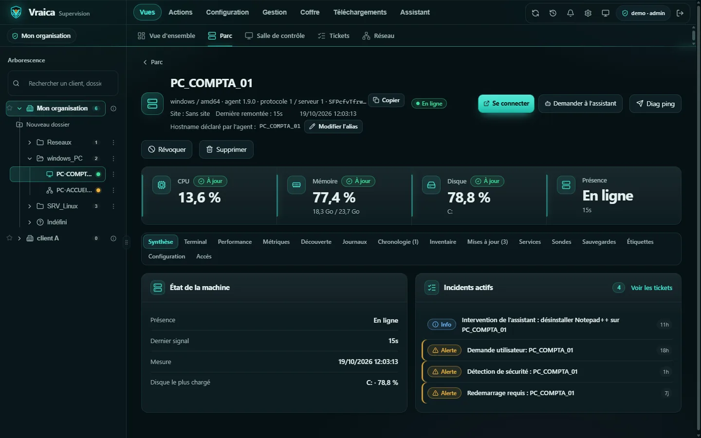 Fiche d'une machine dans Supervision avec ses incidents actifs