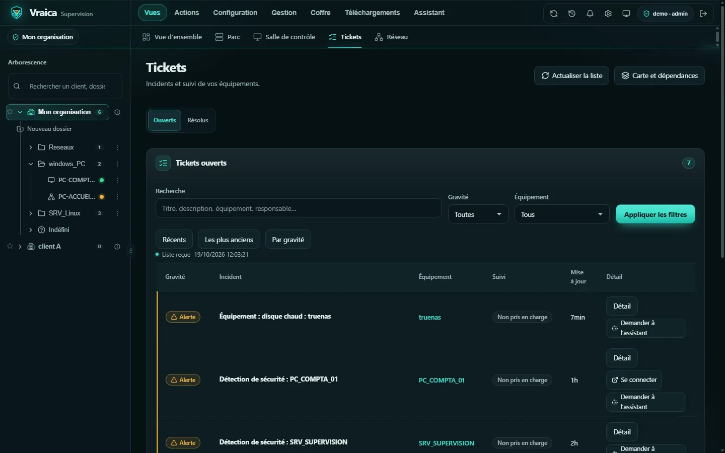 Liste des tickets ouverts avec gravité, équipement et suivi